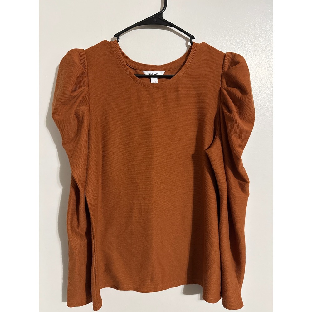 Nine West Womens Puff Shoulder Ribbed Knit Top Rust Orange Long Sleeve Large